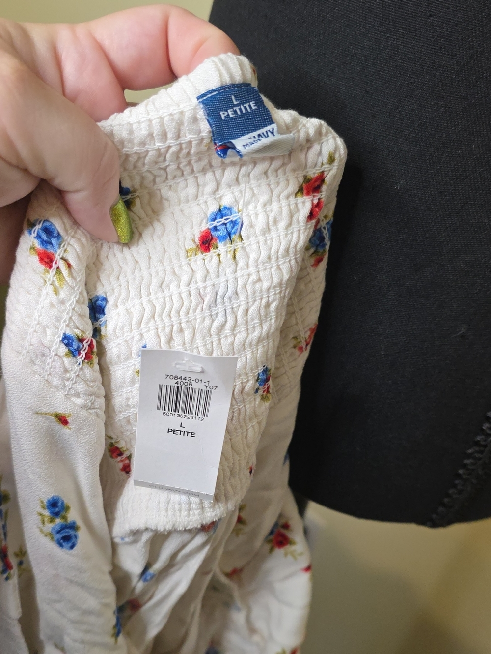 Old Navy White Smocked Top with Blue & Red Rose Print